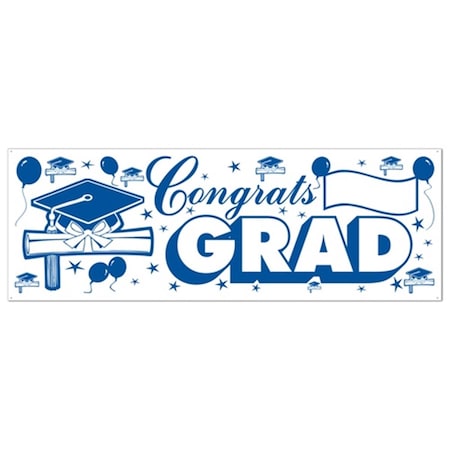 Congrats Grad Sign Banner - Blue And White 12PK